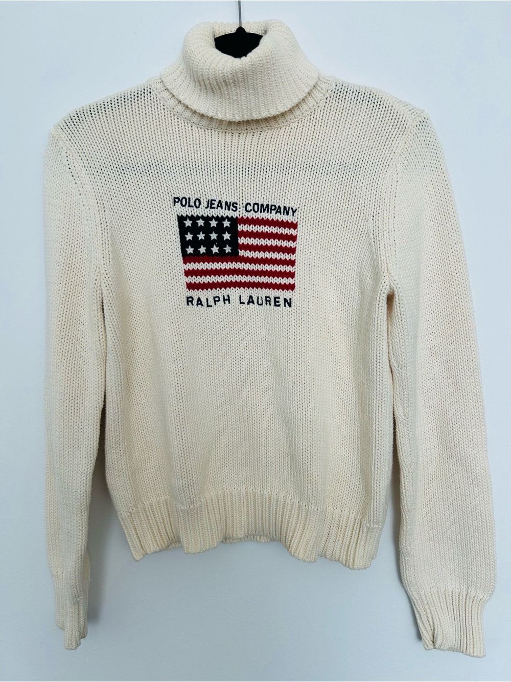 Ralph Lauren Polo Jeans Company Cream Turtleneck Sweater Flag Vintage Chunky